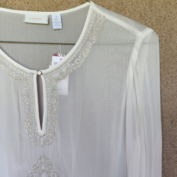 CHICOS | NWT Sheer Cream Metallic Silver Embroidered Blouse Holiday Party L - Picture 5 of 13